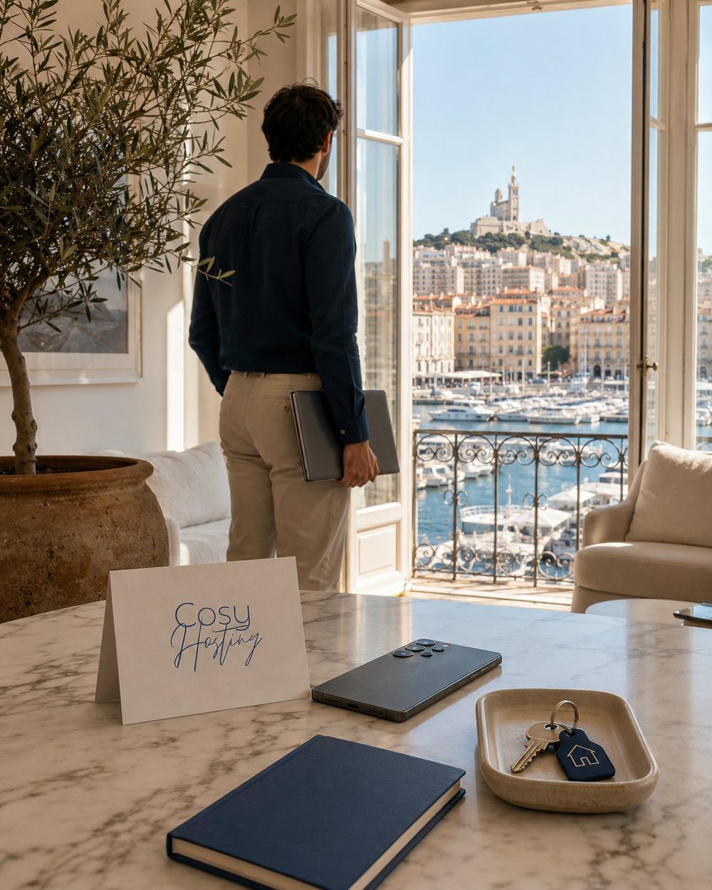 Propriétaire contemplant la vue sur le Vieux-Port de Marseille et Notre-Dame de la Garde depuis un appartement géré par Cosy Hosting